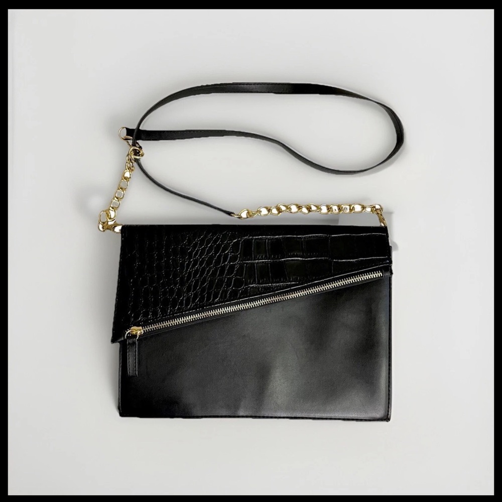 Faux Leather Crocodile Crossbody Bag Black